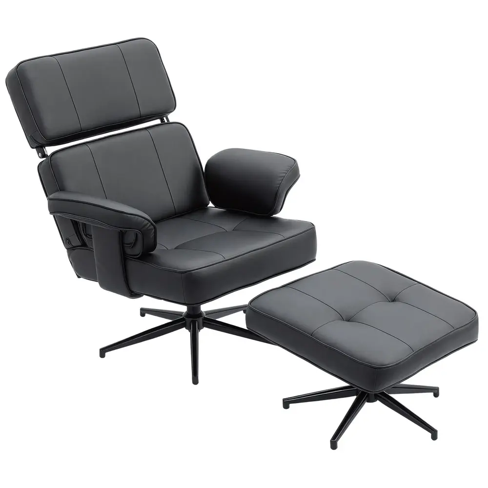 Fåtölj med Fotpall Svart Konstläder och Metall Relaxfåtölj
