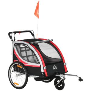 Cykelkärra för Barn 2-i-1, Säker Barnvagn med Fjädring och Broms, Rymlig Kupé med Nätdörr, Röd/Svart, 142 x 75 x 101 cm