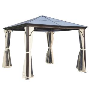 Lyxig Paviljong Trädgårdspaviljong Brun Beige Aluminium med Genomskinligt PC-Tak för Trädgård 300 X 300 X 260 Cm