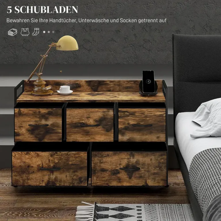Byrå 5 Lådor Rustikbrun av Tyg och Stål