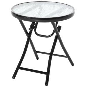 Trädgårdssidobord, Bistrobord med Glasskiva, Rund, Hopfällbar, Metall, Ø45 cm, Svart