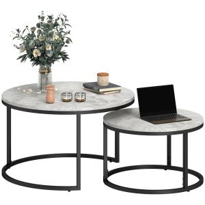 Soffbordset, 2 Runda Häckningsbord, Industriell Design, Metallstomme, Betonglook/Svart
