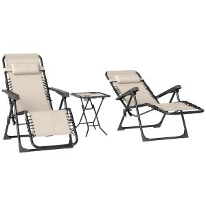 Solstol Trädgårdsstolar Set om 3 Beige av Metall och Tyg för Trädgård och Terrass Hopfällbar Stol med Bord 90 x 56 x 110 cm