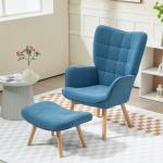 Fåtölj Öronlappsfåtölj med Pall Blå av Manchesterlook och Trä för Vardagsrum Loungestol med Hög Rygg