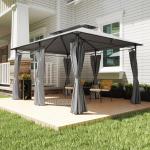Paviljong med Dubbeltak och Avtagbara Gardiner samt Metallram för Trädgård Hållbar och Stabil Mörkgrå Polyester och Stål 3 x 4 m