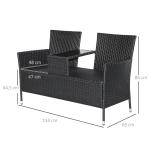 Trädgårdsbänk i Konstrotting med Bord, 2-Sitsig Soffa med Praktisk Avlastningsyta, Väderbeständig Design för Uteplats, Svart, 133 x 63 x 84 cm