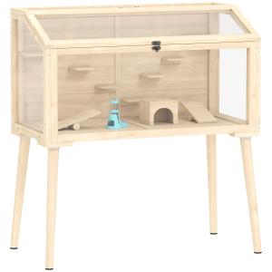 Smådjursbur Hamster Naturfärgad Trä och Plast för Dvärghamster Stor Bur med Vattenflaska och Tillbehör Rymlig Design 110 × 52 × 101 cm