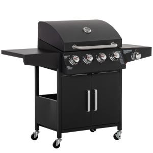 Gasolgrill BBQ med 3 Brännare à 3 kW, Mobil Grillvagn med 4 Hjul, Grillnät, Sidobord och Skåp, Metall, Svart, 132,4 x 55 x 109 cm