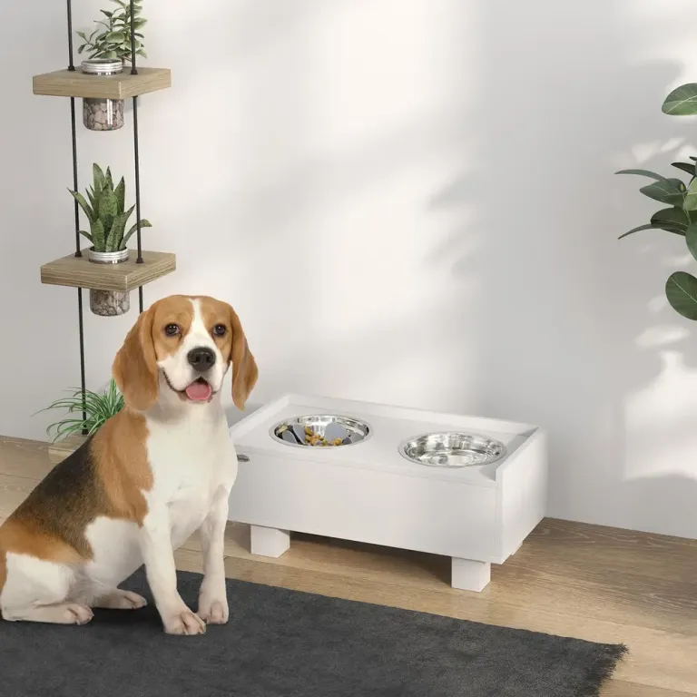 Hundskål Matbar Vit av Trä och Rostfritt Stål 2 x 1 l