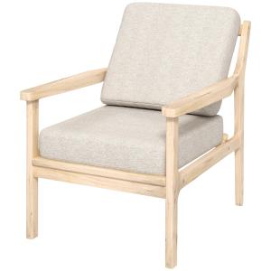 Fåtölj Relaxstol Beige av Linnelook och Trä för Vardagsrum Vadderad Stol med Avtagbara Kuddar 52,5 x 69 x 77 cm