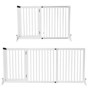 Fristående Hundgrind med Dörr, Justerbar Säkerhetsbarriär i Trä, Flexibelt Skydd för Dörröppningar, Vit, 113-166 x 36 x 71 cm