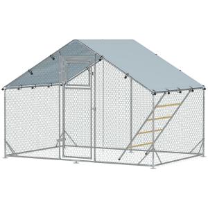 Hönshus Hönsgård Frigående Bur Silver av Galvaniserat Stål för 6-8 Kycklingar Utehus med Foderlucka 300 x 200 x 195 cm