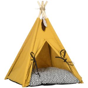 Tipi-Tält för Katt och Hund, Mysig Sovplats med Dyna och Leksak, Rolig Koja för Inomhusbruk, Gul/Natur