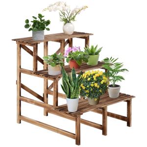 Planttrappa Blomsterhylla 3 Trappsteg Granträ Dekorativ Växtställning för Trädgård Balkong och Terrass Naturlig 80 X 80 X 78 Cm