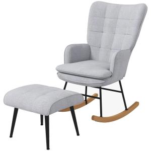 Gungstol Fåtölj Ljusgrå av Tyg med Linnelook och Trä för Vardagsrum Relaxstol med Pall Lastkapacitet upp till 130 kg Bekväm