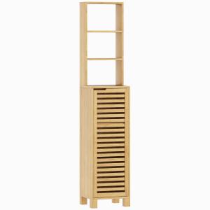Badrumsskåp Högt Smalt Naturfärgad Bambu för Badrum och Tvättstuga Förvaring med Hyllor och Skåp Ribbad Dörr och God Ventilation 34x30x170 cm