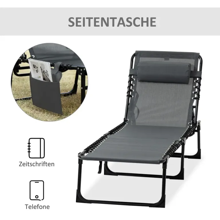 Solstol Solsäng Hopfällbar med Kudde Grå av Textil