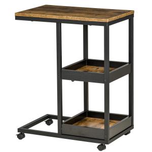 Sidobord med Hjul för Soffa eller Säng, Industriell Stil, Stål och Trä, Brun + Svart