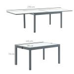 Utdragbart Trädgårdsbord i Aluminium, Matbord med Härdad Glasskiva, Modern Design för Uteplatsen, Grå/Vit, 160-210 cm