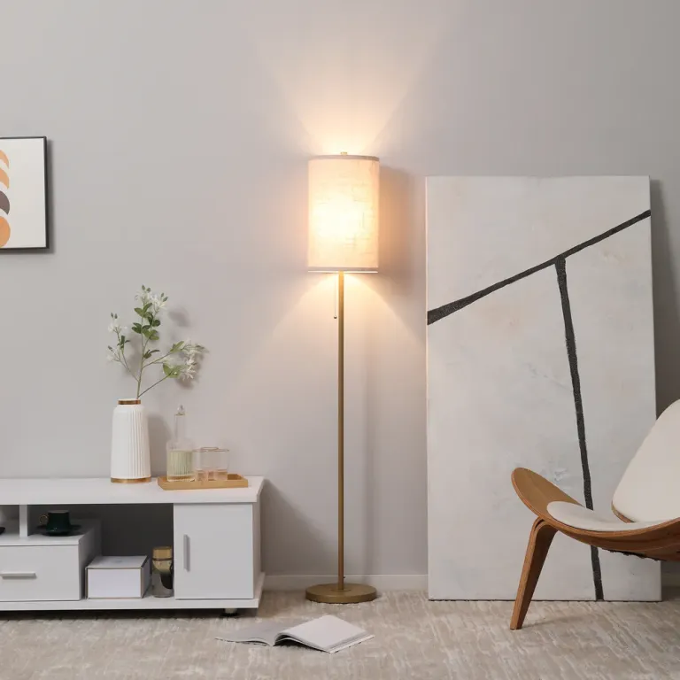 Golvlampa med Linne Lampskärm och Stål Stativ, Cremevit