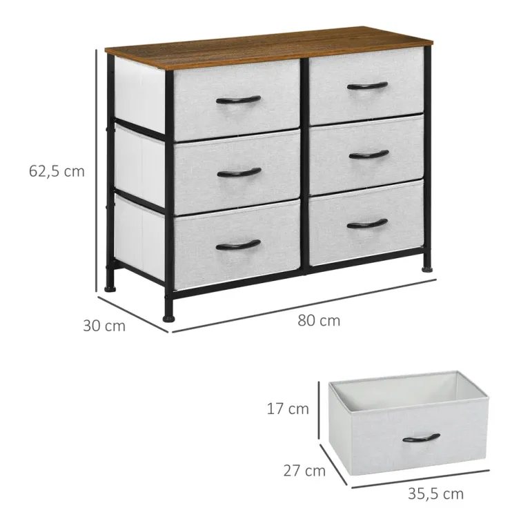 Byrå med 6 Tyglådor och Metallram, Grå