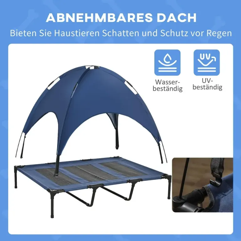 Upphöjd Hundbädd med Soltak Mörkblå 122 cm