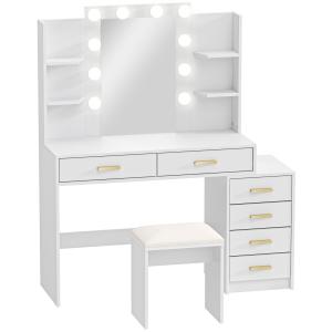 Sminkbord med Spegel och Belysning Vit MDF och Trä för Sovrum Sminkset med Pall och 6 Lådor Modern Design med Hyllor och Förvaring