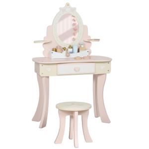 Sminkbord Barn 2 i 1 Rosa MDF och Trä för Barnrum Sminkset med Pall och Spegel Skrivbord med Låda och Tillbehör Söt Design för Lek