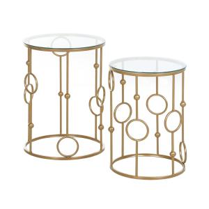 Soffbordset med 2 Runda Bord, Sidobord med Glasskiva, Däck- och Kuldesign, Ø41 x 57 cm, Guld