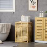 Bambu Tvättkorg med Lock och Tvättpåse, 63 L, Naturträ, 44 x 37 x 62,5 cm