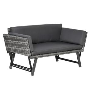 Loungegrupp i Konstrotting 2 Delar, Bekväm 2-Sitsig Soffa med Fällbara Armstöd, Väderbeständig Utemöbel för Balkong, Grå, 129 x 63 x 67 cm