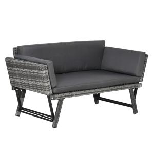 Loungegrupp i Konstrotting 2 Delar, Bekväm 2-Sitsig Soffa med Fällbara Armstöd, Väderbeständig Utemöbel för Balkong, Grå, 129 x 63 x 67 cm