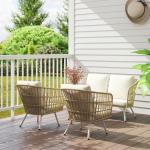 Trädgårdsmöbelset i Polyrattan Loungeset med 2-sits Soffa, Fåtölj och Bord för 4 Personer, Khaki
