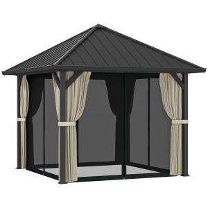 Paviljong med Metalltak och Myggnät samt Sidoväggar för Trädgård Hållbar och Vattenfast Mörkgrå Aluminium och Polyester 3 x 3 m