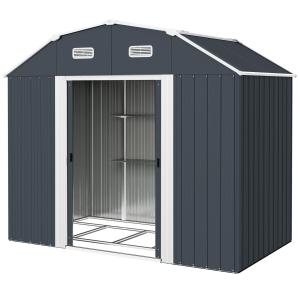 Verktygsbod Trädgårdsskåp Mörkgrå av Stål för Trädgård Väderbeständig Bod med 2 Skjutdörrar och Hyllfundament 238 x 132 x 198,5 cm