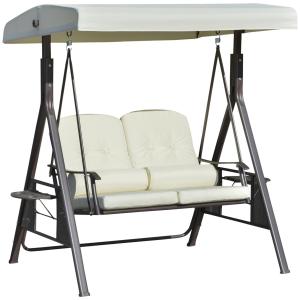 2-Sitsig Hammock med Soltak, Bekväm Trädgårdsgunga i Metall med Bricka, Avkopplande Hängsoffa för Uteplatsen, Beige, 162 x 118 x 173 cm