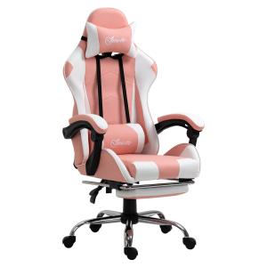 Ergonomisk Gamingstol i Rosa, Bekväm Datorstol med Nackstöd och Svankkudde, Justerbar Snurrstol för Spel och Arbete, Rosa/Vit