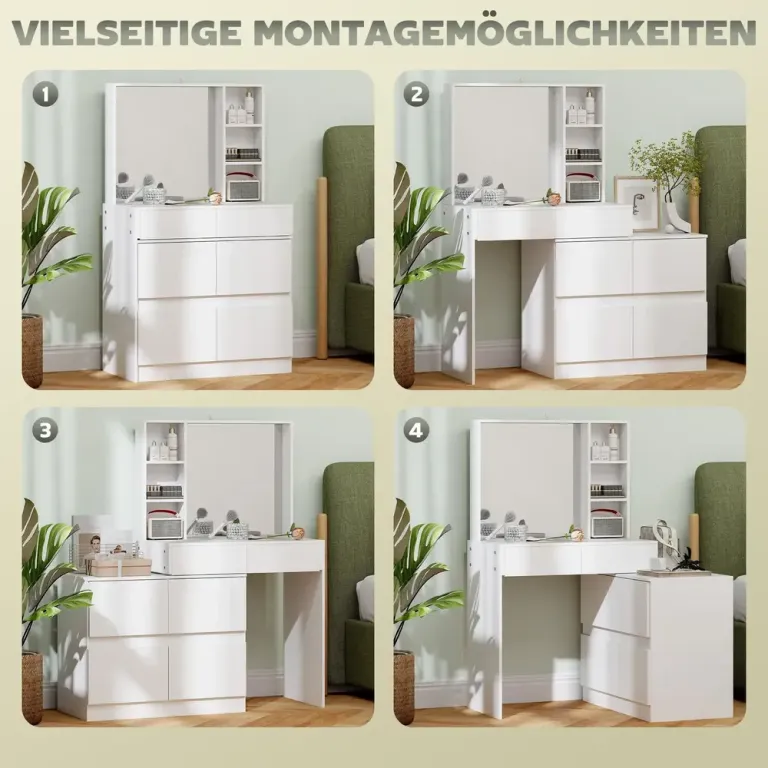 Sminkbord med Stor Spegel och 4 Förvaringslådor, Vit