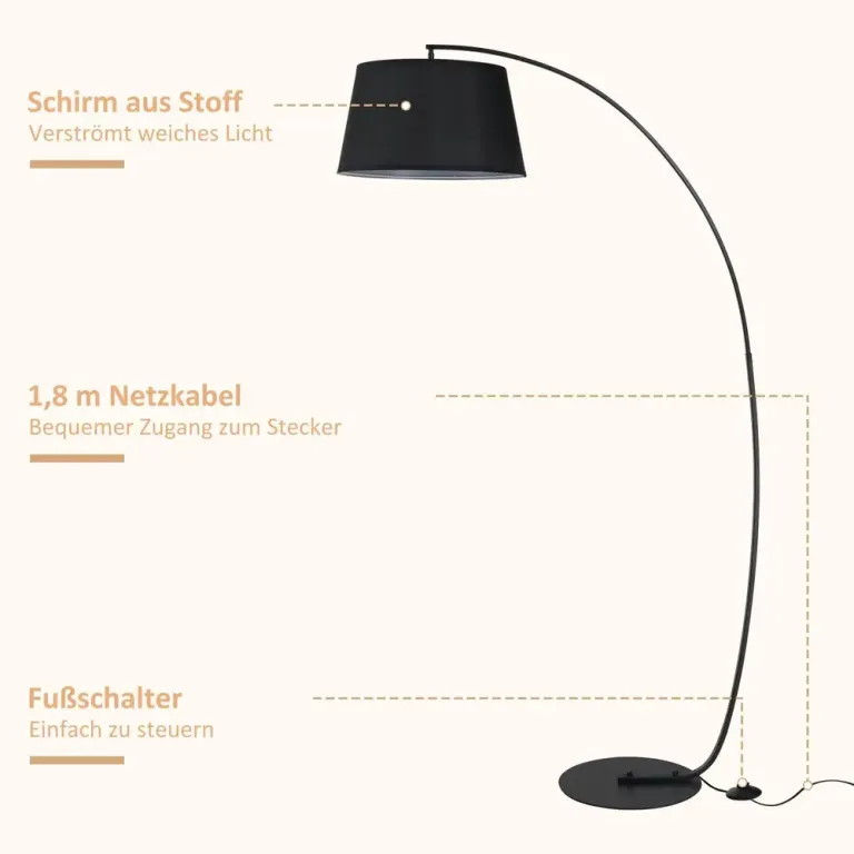 Båglampa Golvlampa Svart av Metall och Linne