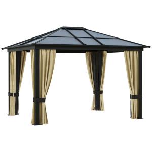 Hardtop Lusthus Paviljong Brun Beige Polyester och Aluminium med 4 Sidopaneler Flugnät och Genomskinligt PC-Tak 3,6 X 3 X 2,6 M