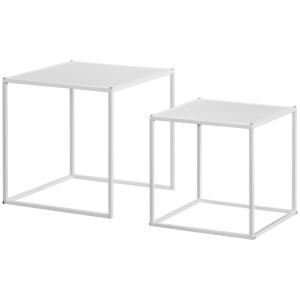 Soffbord Sidobord Vit av Stål och Trä för Vardagsrum Set om 2 Fyrkantiga Bord Modern Design