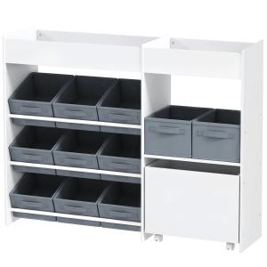 Barnhylla Leksaksförvaring Vit av Trä och Tyg för Barnrum Bokhylla med 11 Lådor och Toppfack 105 x 30 x 80 cm