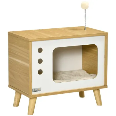 Katthus i Tv- Retro Kattkorg med Lekboll 50 x 28 x 43 cm