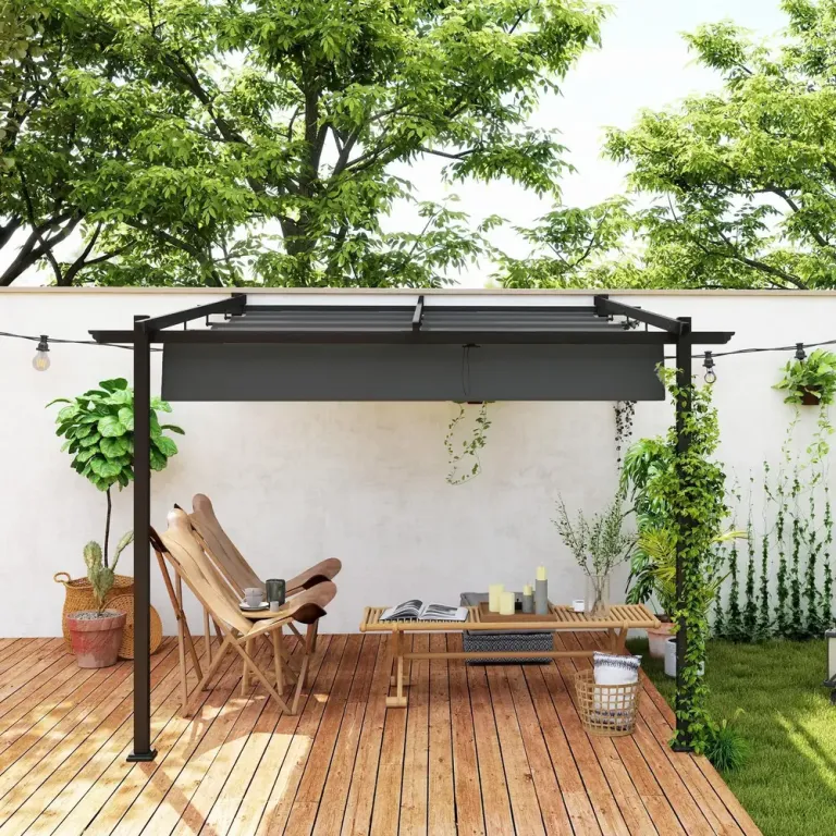 Terrasstak Pergola med Väggfäste Mörkgrå 3 x 3 m