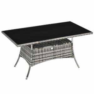 Trädgårdsbord i Konstrotting med Glas, Rymligt Matbord för Uteplatsen, Väderbeständigt med Säkerhetsglas, Grå/Svart, 150 x 85 x 74 cm