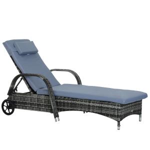Mobil Solsäng i Konstrotting, Justerbar Solstol på Hjul med Bekväm Dyna, Väderbeständig Design för Trädgård och Pool, Grå, 200 x 73 x 30-103 cm