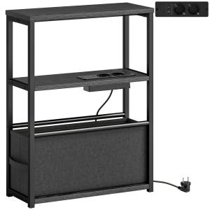 Sidobord Smalt Svart Spånskiva och Metall för Soffa Nattduksbord med Eluttag och Hylla Platsbesparande Möbler för Små Utrymmen 60 cm