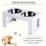 Upphöjd Matbar för Hundar Matstation 2 Rostfria Skålar och Förvaring Ergonomisk MDF för Stora Hundar Vit 58,4 X 30,5 X 25,4 Cm