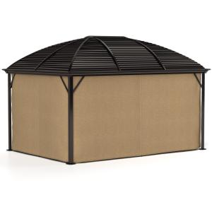 Lusthus Paviljong med Hård Topp Brun av Aluminium och Polykarbonat för Trädgård Vintertätt Gazebo med Myggnät 4 x 3 m