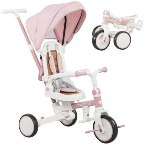 Trehjuling Cabriolet Barnvagn 5-i-1 med Körhandtag, Säkerhetsbälte och Förvaringsväska, 1-3 År, Rosa